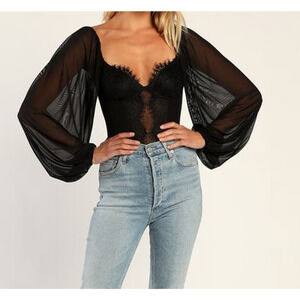 LULU'S XL  Black Instant Attraction Long Sleeve Lace Bustier Bodysuit NEW b103
